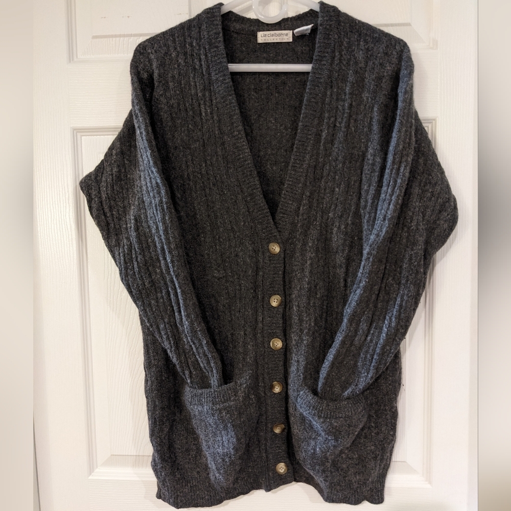 Wool And Angora Gray Button-Up Longline Cardigan Sweater